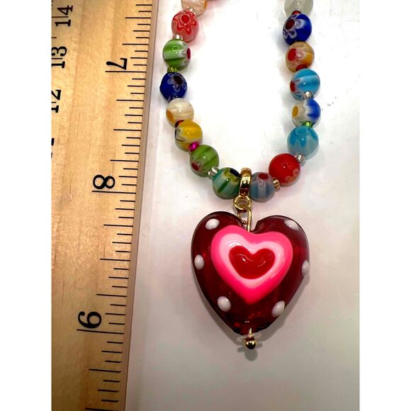 New Multicolor Murano Glass Heart Beaded Pendant Necklace - Picture 12 of 12